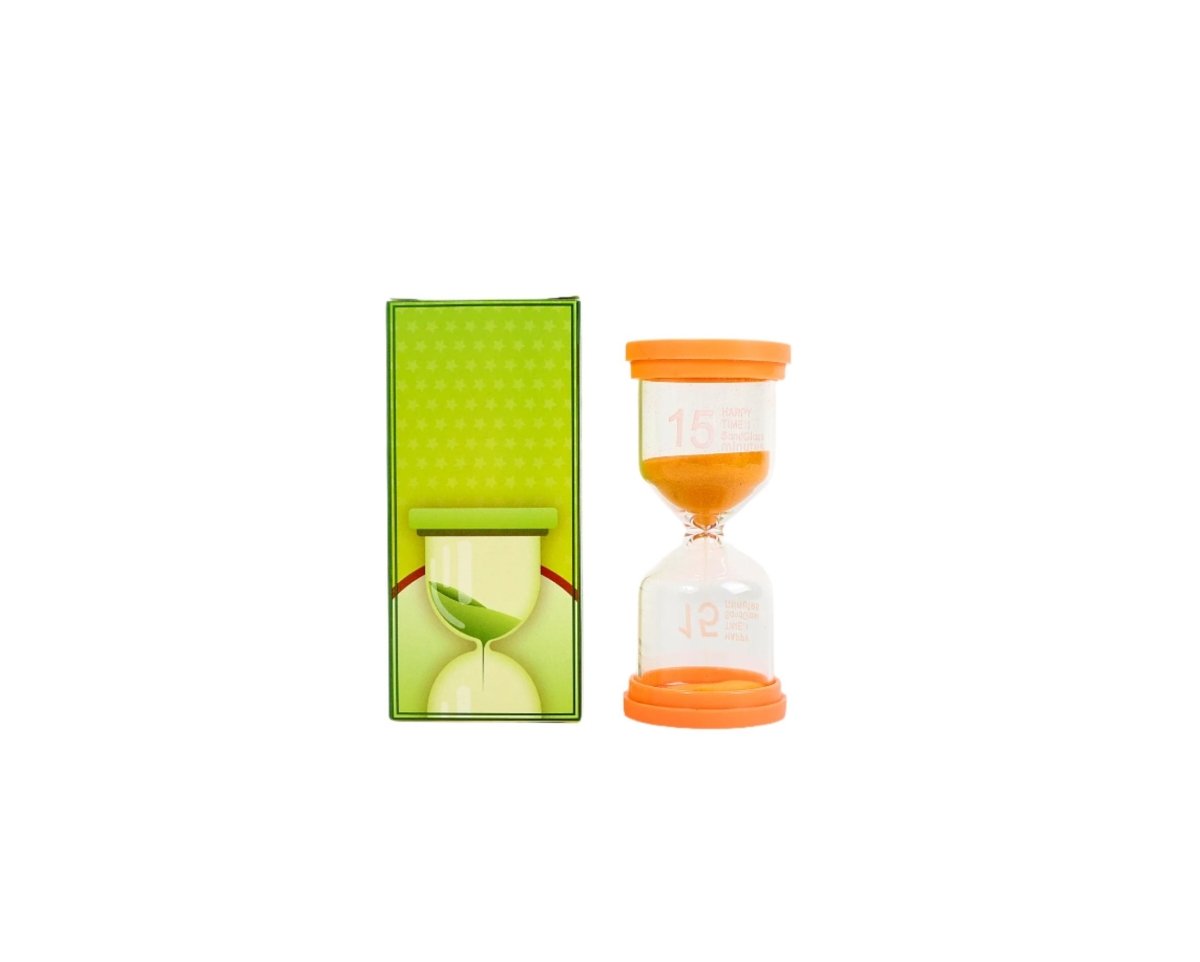 15-minute hourglass with orange sand, shown in a green storage box.