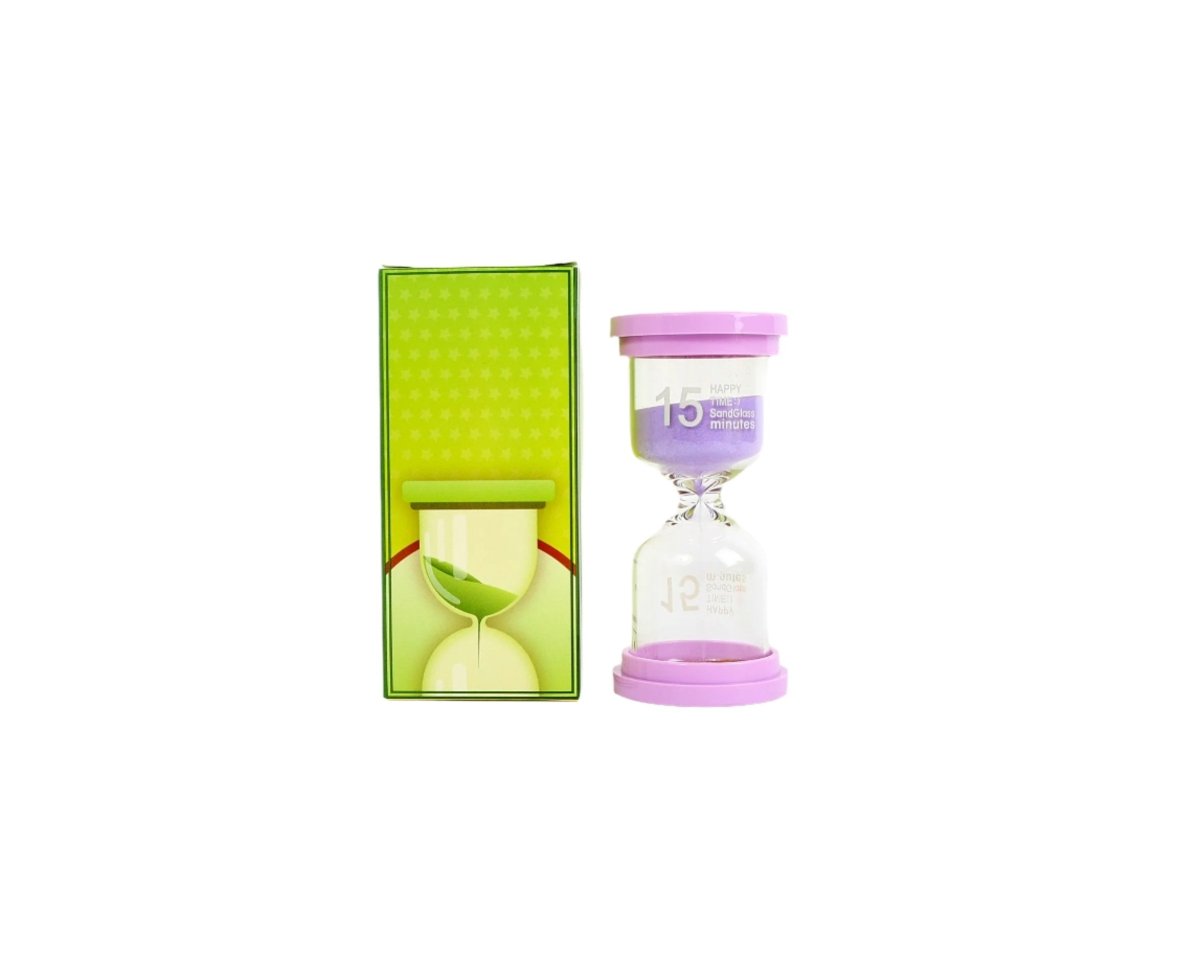 15-minute hourglass with purple sand, shown in a green storage box.
