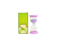 15-minute hourglass with purple sand, shown in a green storage box.