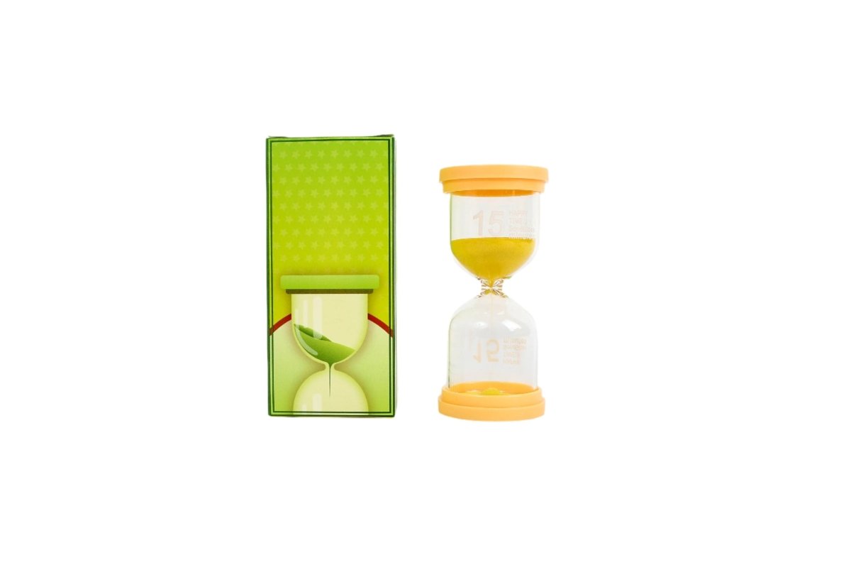 15-minute hourglass with yellow sand, shown in a green storage box.