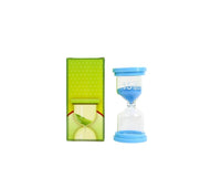 15-minute hourglass with blue sand, shown in a green storage box.
