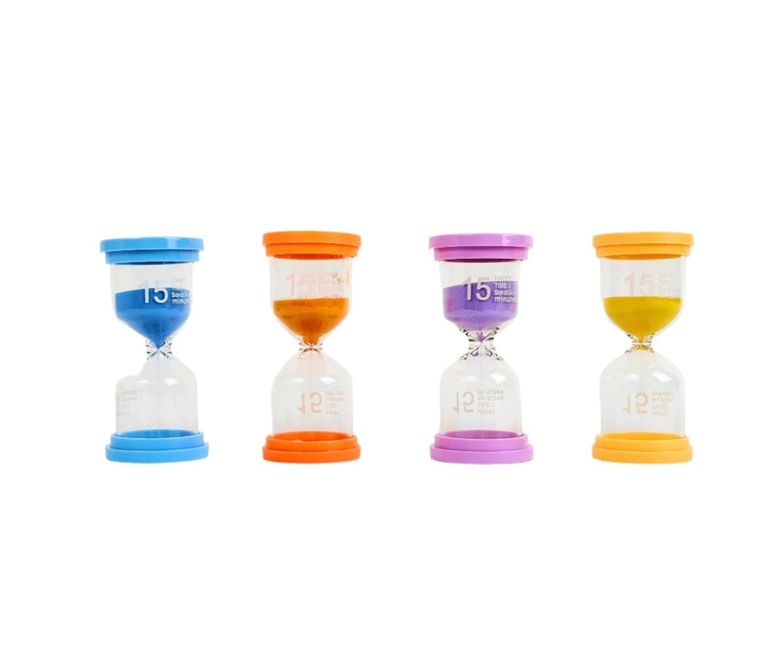 Four 15-minute hourglasses in blue, orange, purple, and yellow.