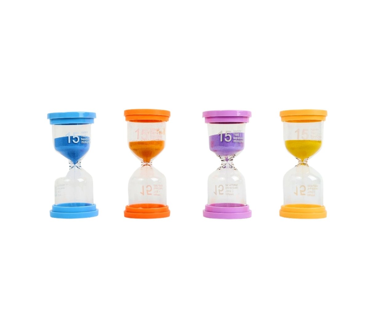 Four 15-minute hourglasses in blue, orange, purple, and yellow.