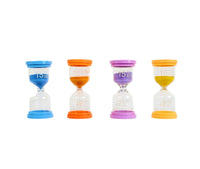 Four 15-minute hourglasses in blue, orange, purple, and yellow.