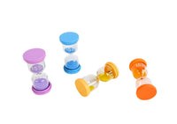 Three 15-minute hourglasses with blue, purple, and orange sand and caps.