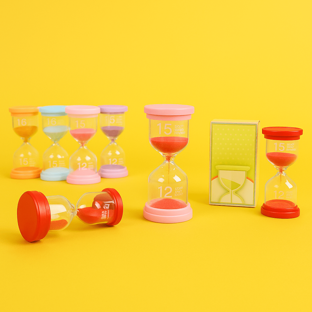 Set of colorful 15-minute hourglasses with blue, violet, orange, and yellow sand.