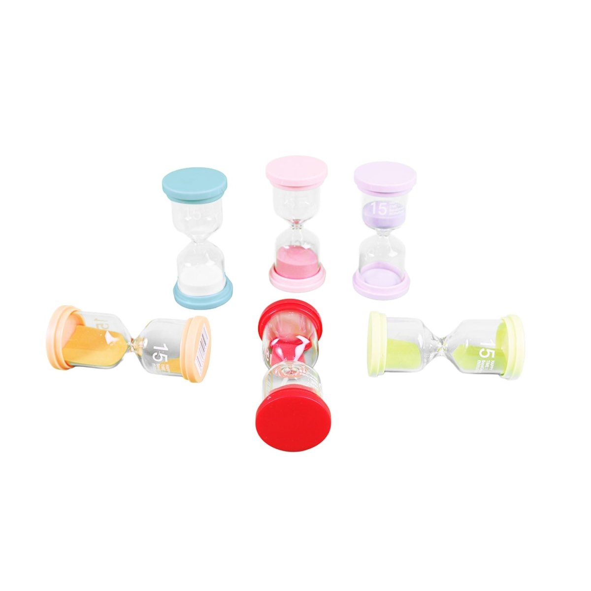 Assorted 15-minute hourglass timers in blue, pink, purple, yellow, orange, red