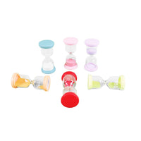 Assorted 15-minute hourglass timers in blue, pink, purple, yellow, orange, red