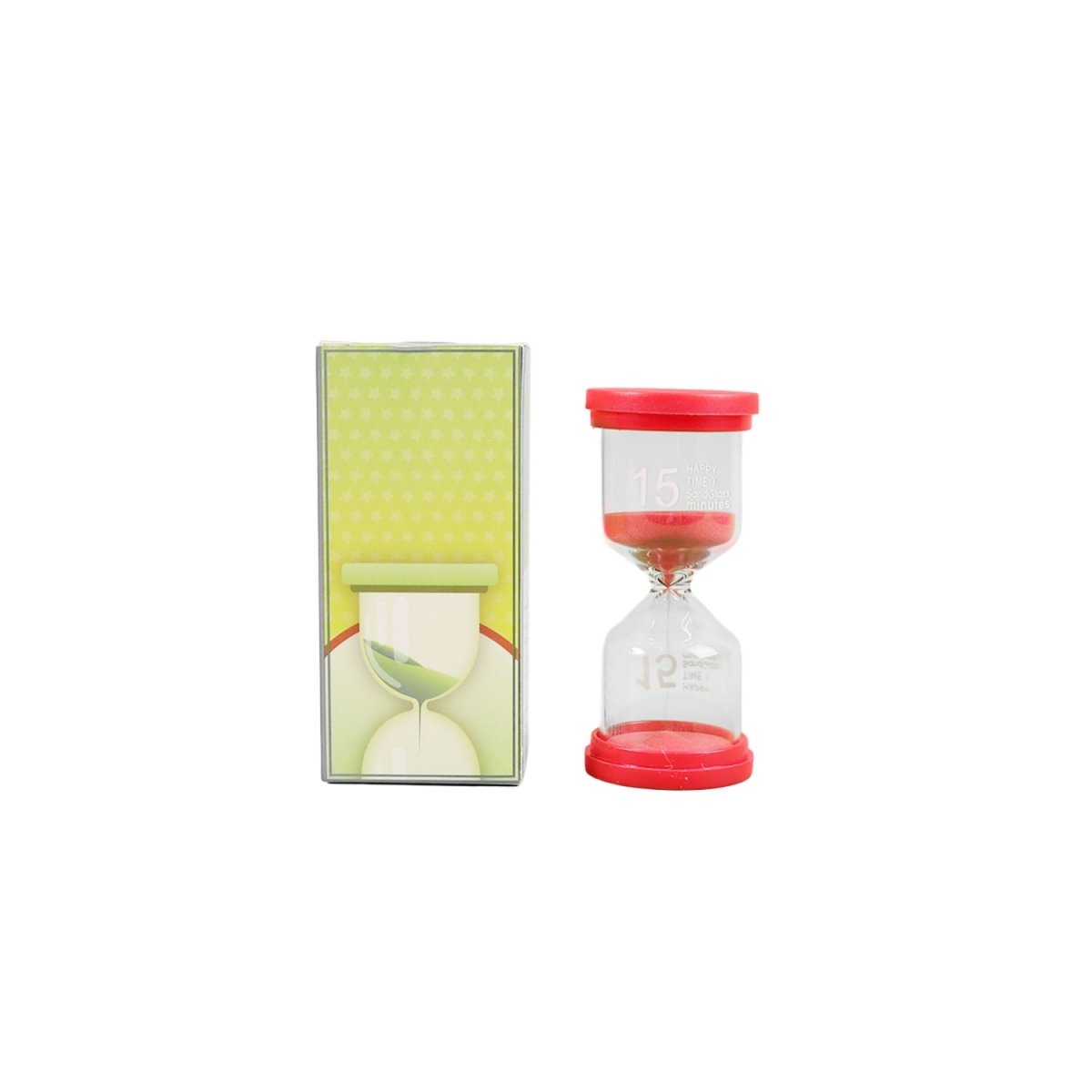 15-minute hourglass timer with red top and base, clear chamber, 15 minutes