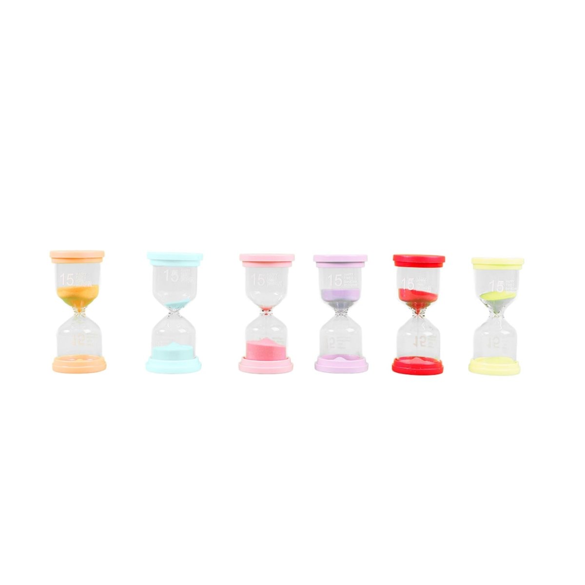 Row of seven 15-minute hourglasses with colored sand in multiple shades.