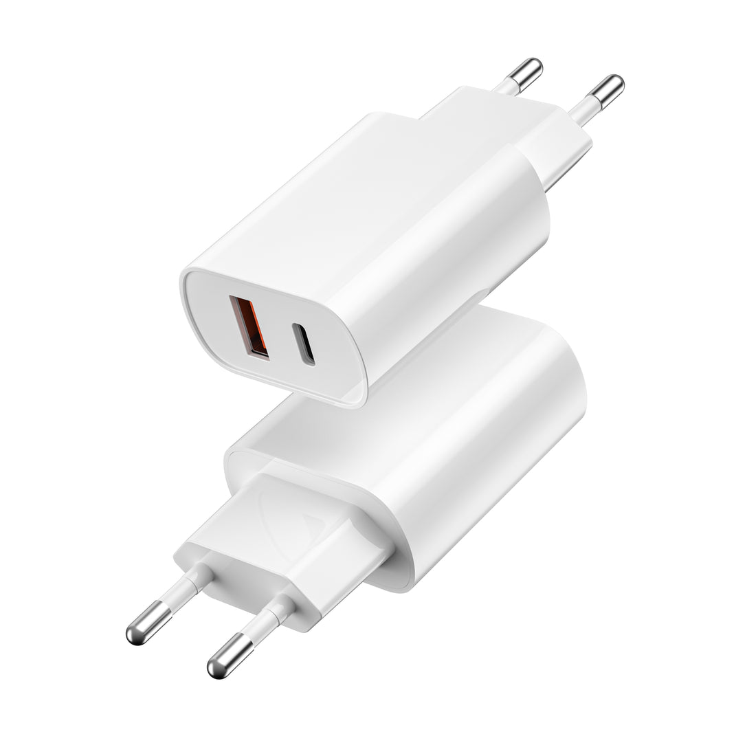 White USB-C fast charger with two plugs and dual ports
