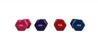1kg hex dumbbells, four single units: pink, purple, red, blue