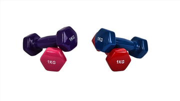1kg hex dumbbells set: purple, pink, blue and red pairs