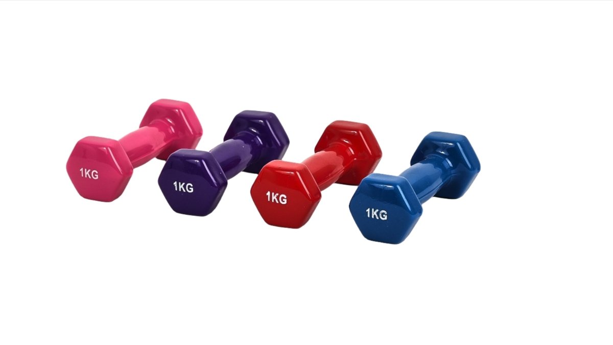1kg hex dumbbells set with pink, purple, red and blue units