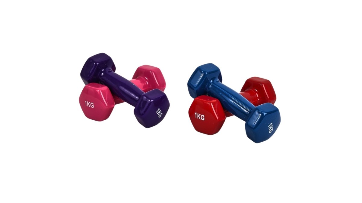 1kg hex dumbbells set in purple/pink and blue/red pairs