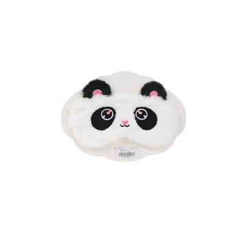 White plush sleep mask with cute panda face, black ears and pink details
