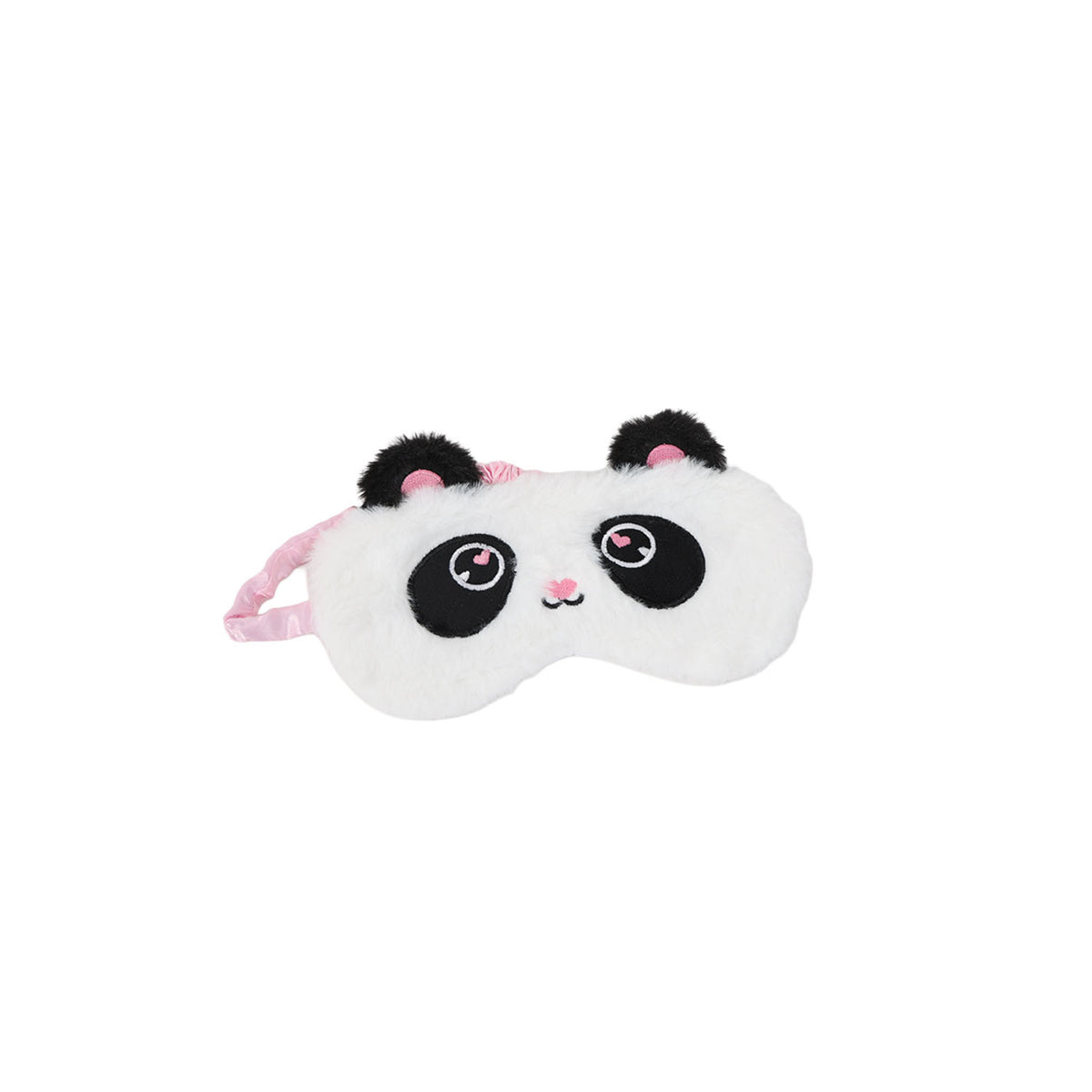 White plush sleep mask shaped like panda eyes, black ears, pink nose and whiskers