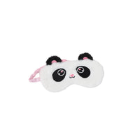 White plush sleep mask shaped like panda eyes, black ears, pink nose and whiskers