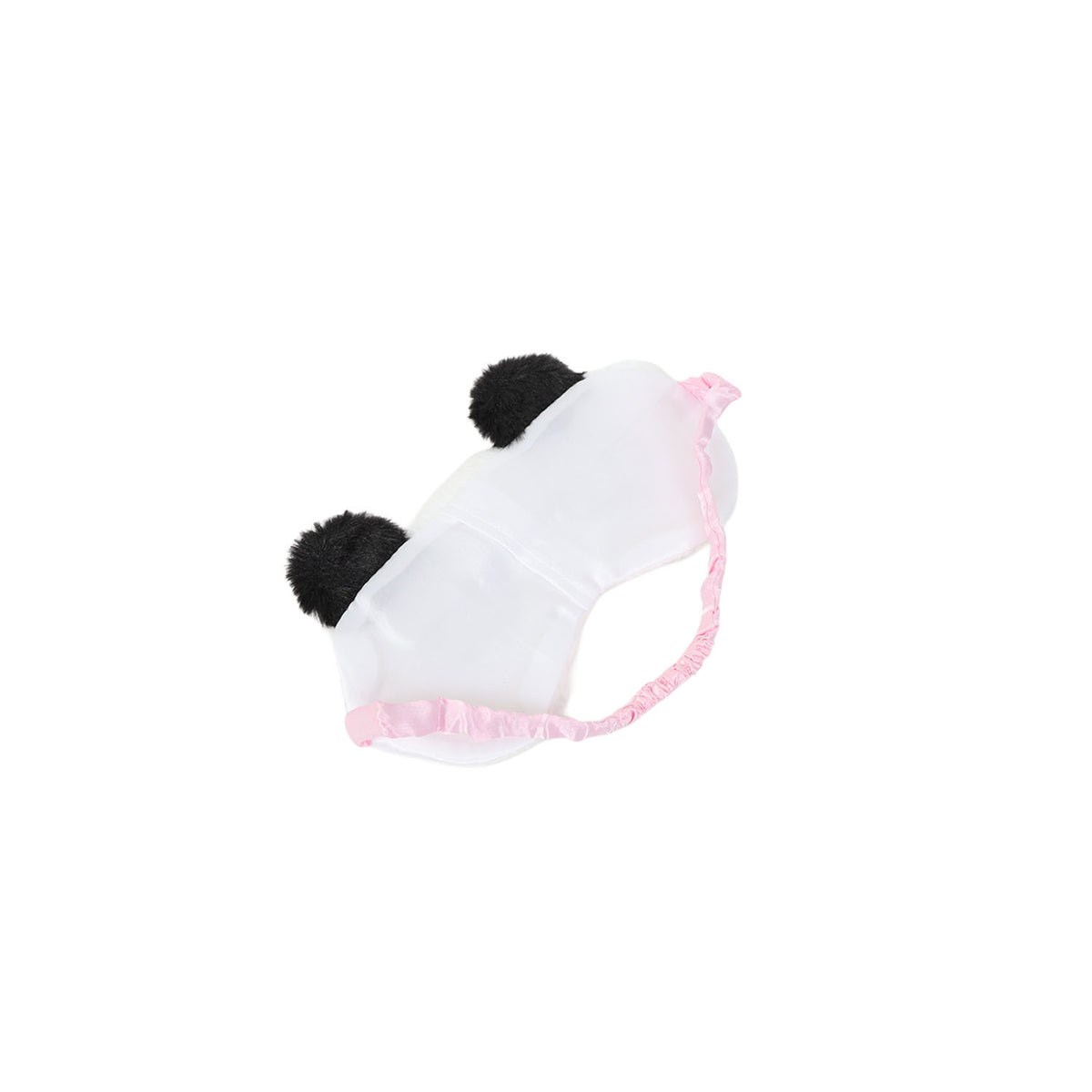 White plush panda sleep mask with pink-trimmed elastic strap, black ears
