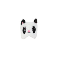 Panda-themed white plush sleep mask with black ears, pink cheeks and smiling face