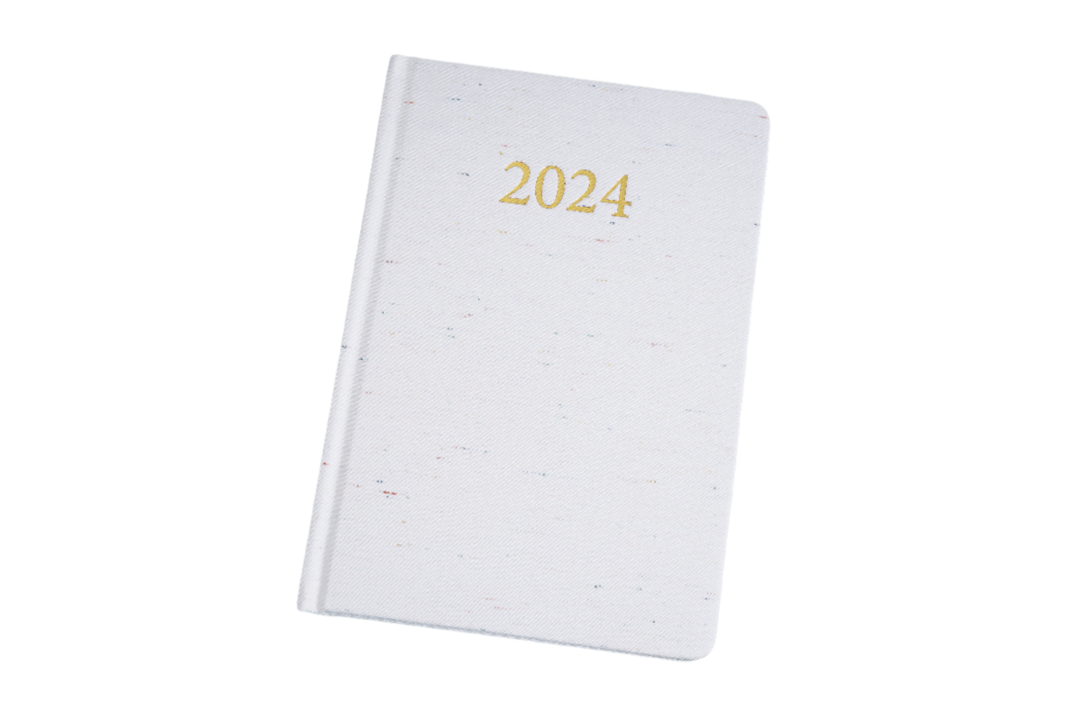 2024 daily planner, white cover with gold '2024' title