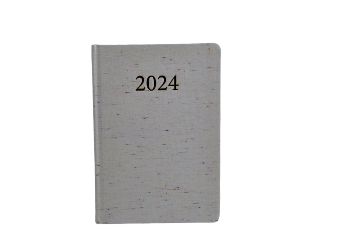 2024 daily planner, dark gray cover with black '2024' label