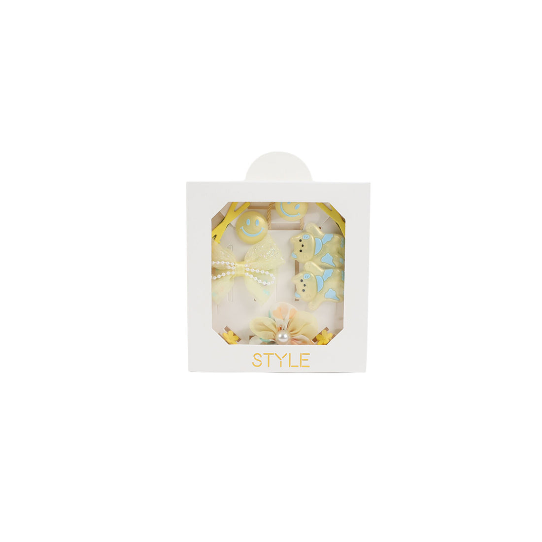 Children's hair accessories set in box with yellow accents and bow