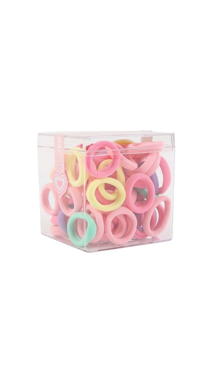 Square clear plastic box with mixed pastel elastic ring hair accessories