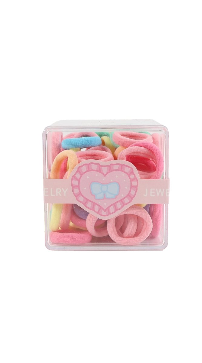 Square clear plastic box of multicolor elastic ring hair accessories