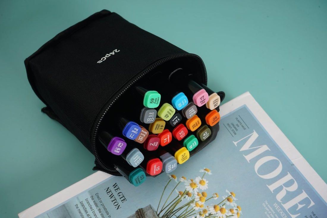 Watercolor pen set with 24 dual-tip pens in a black zip pouch