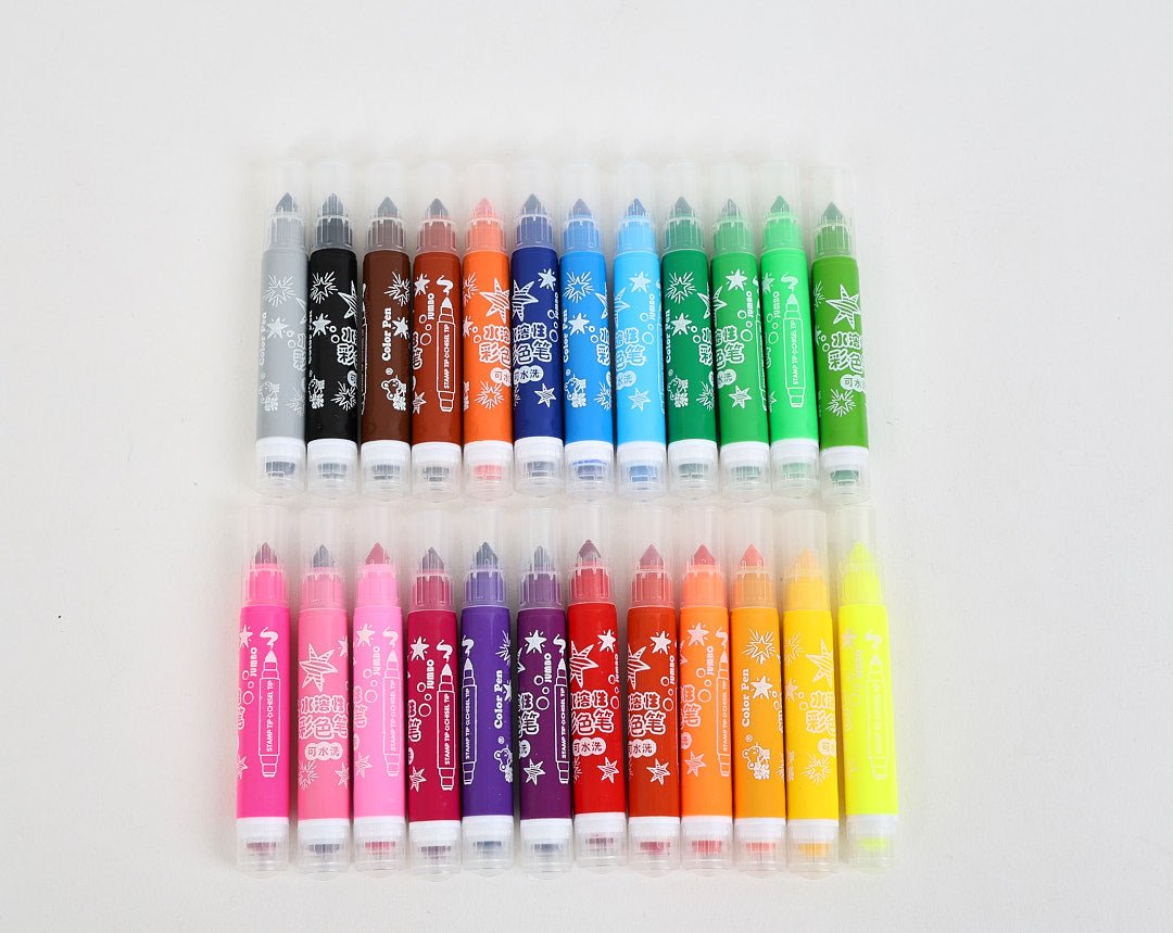 Assorted cartoon stamp watercolor pens, multicolor tips in tray view