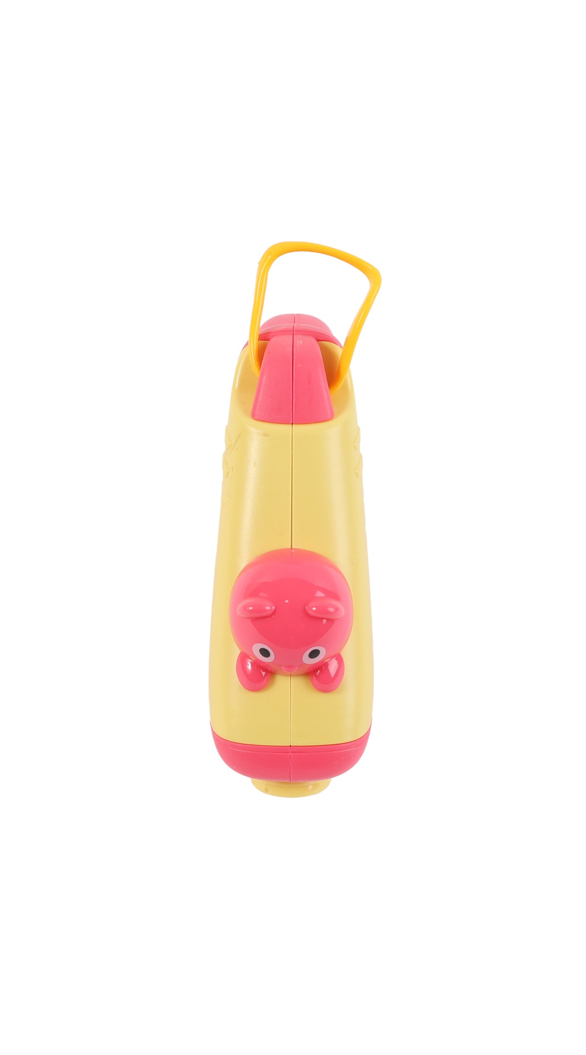 Cartoon bear water gun toy, yellow and pink, front view with top carry handle
