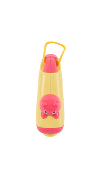 Cartoon bear water gun toy, yellow and pink, front view with top carry handle