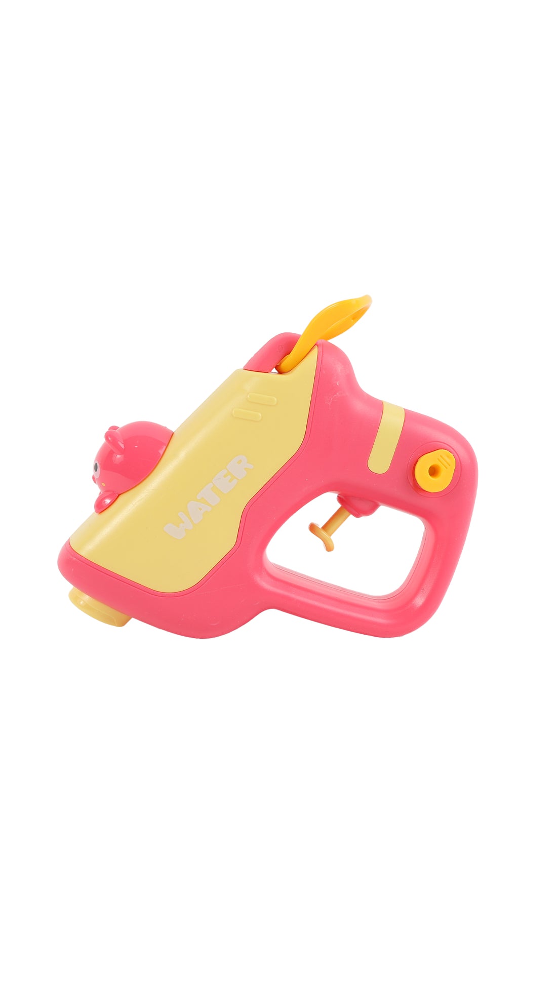 Cartoon bear water gun toy, yellow and pink, side view with trigger handle