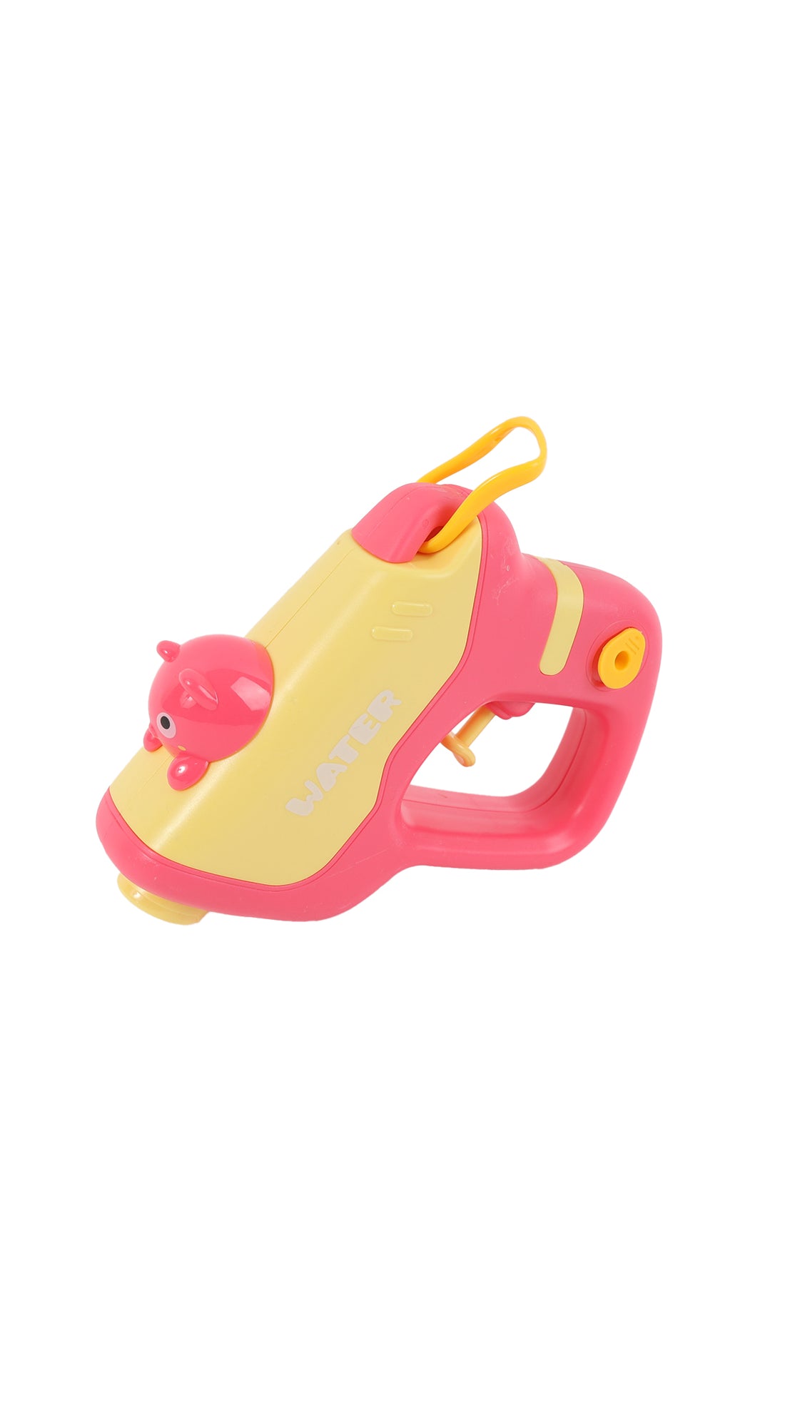 Cartoon bear water gun toy in yellow and pink, with handle and pink nozzle