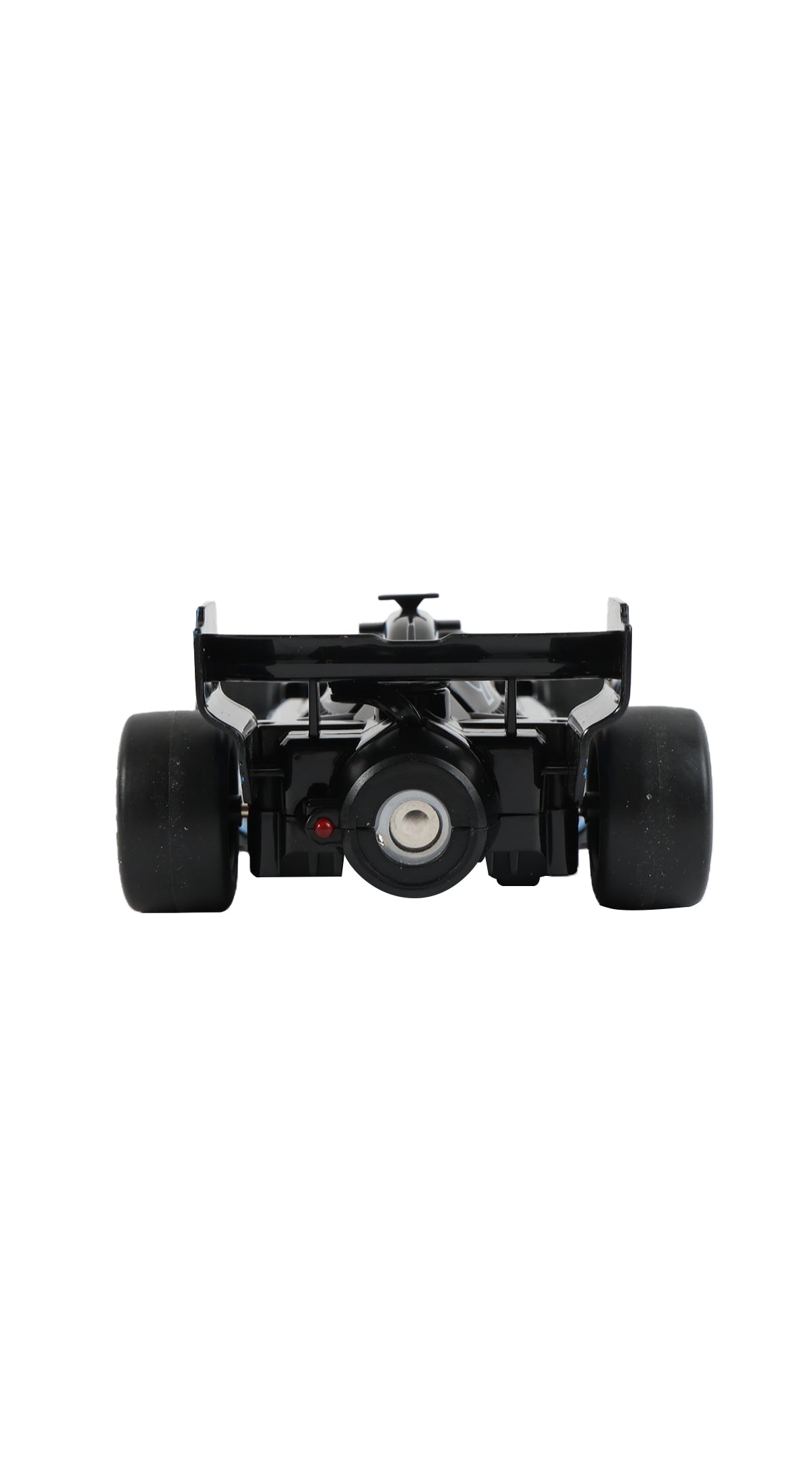 Black remote control racing car with rear wing, rear view