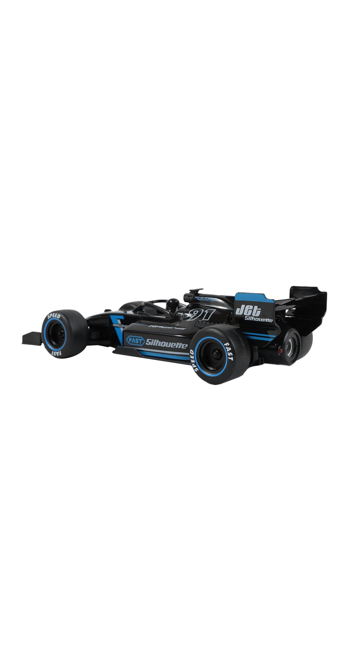 Blue-and-black remote control racing car, side profile