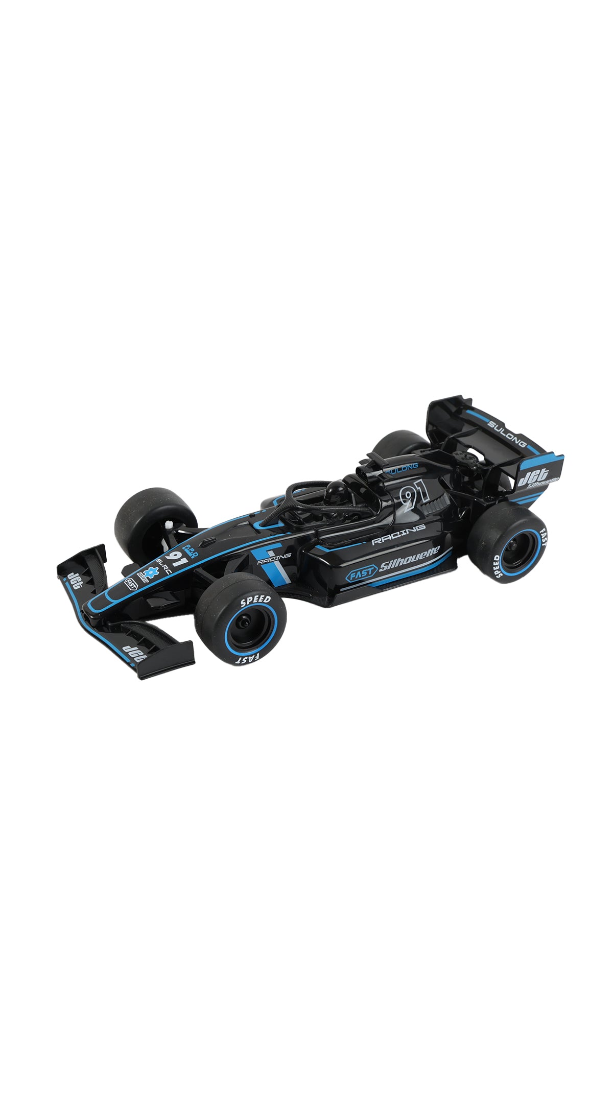 Blue-and-black remote control racing car, angled side view