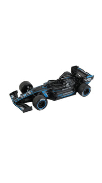 Blue-and-black remote control racing car, angled side view