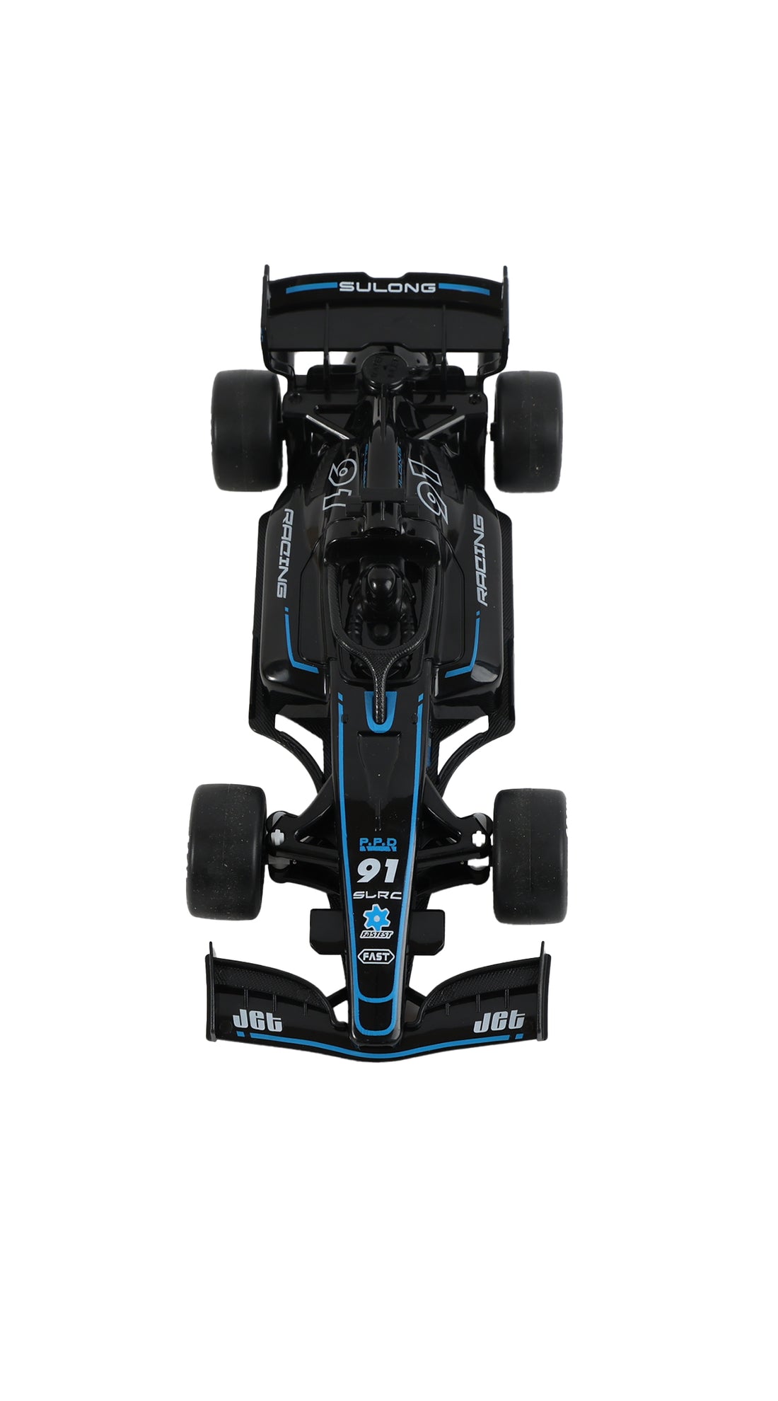 Black remote control racing car with blue details, front view