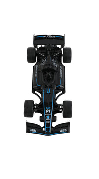 Black remote control racing car with blue details, front view