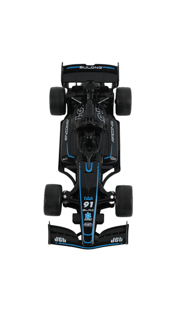 Black remote control racing car with blue details, front view
