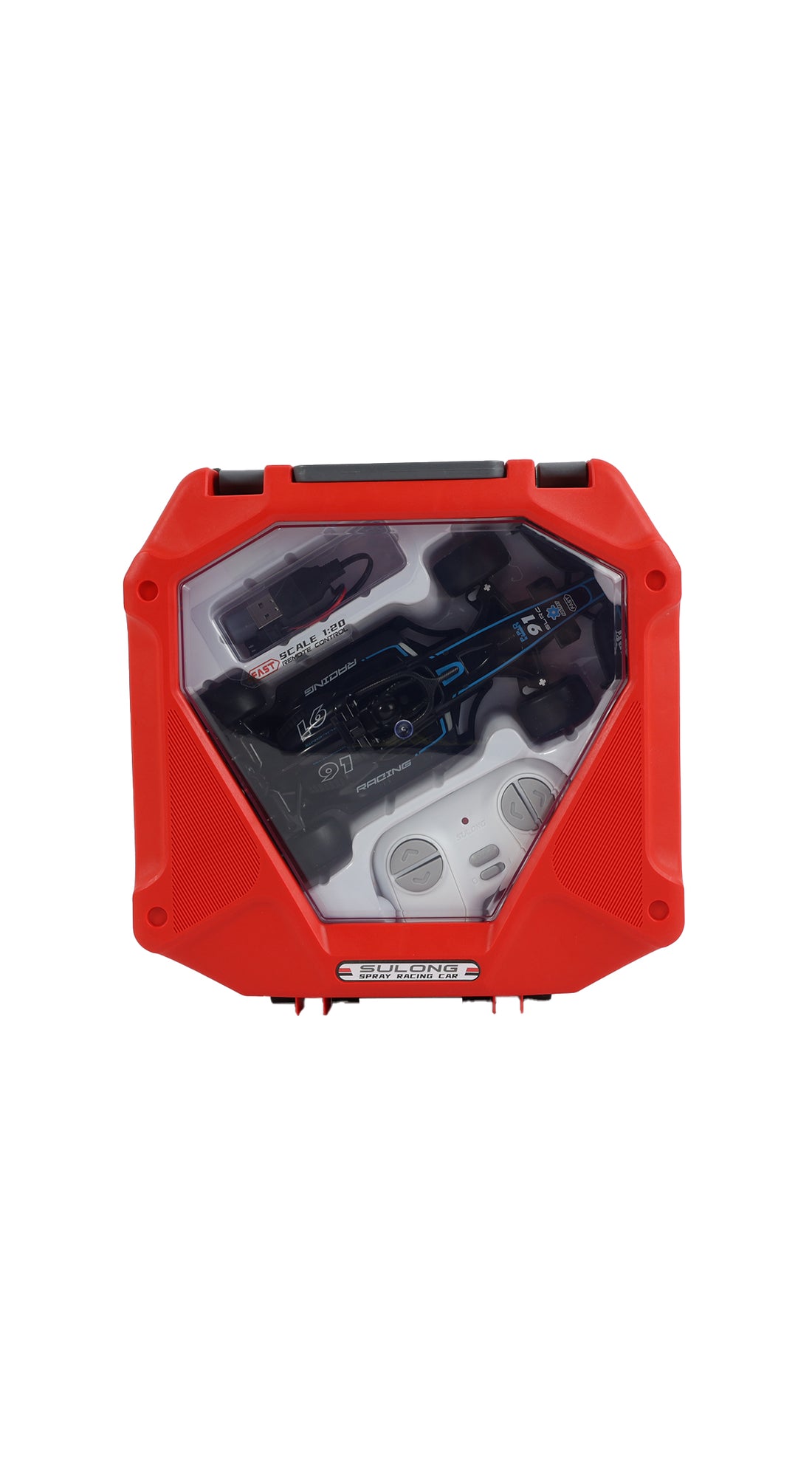 Red remote controller with clear display window and buttons