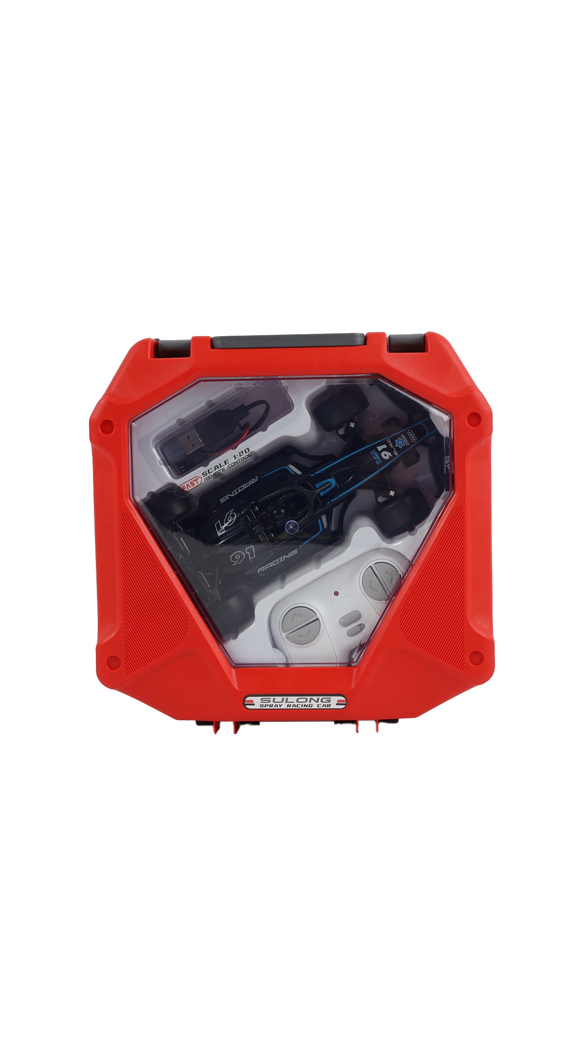 Red remote controller with clear display window and buttons