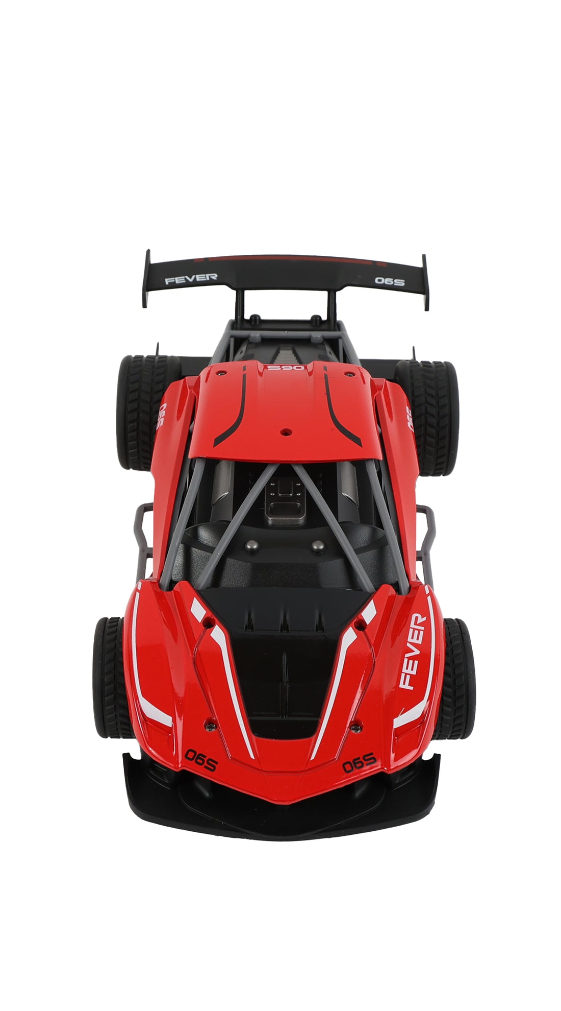 Remote control racing car with red body and black wheels, front view