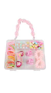 Clear pink tote bag with bead and accessory compartments, pink braided handles