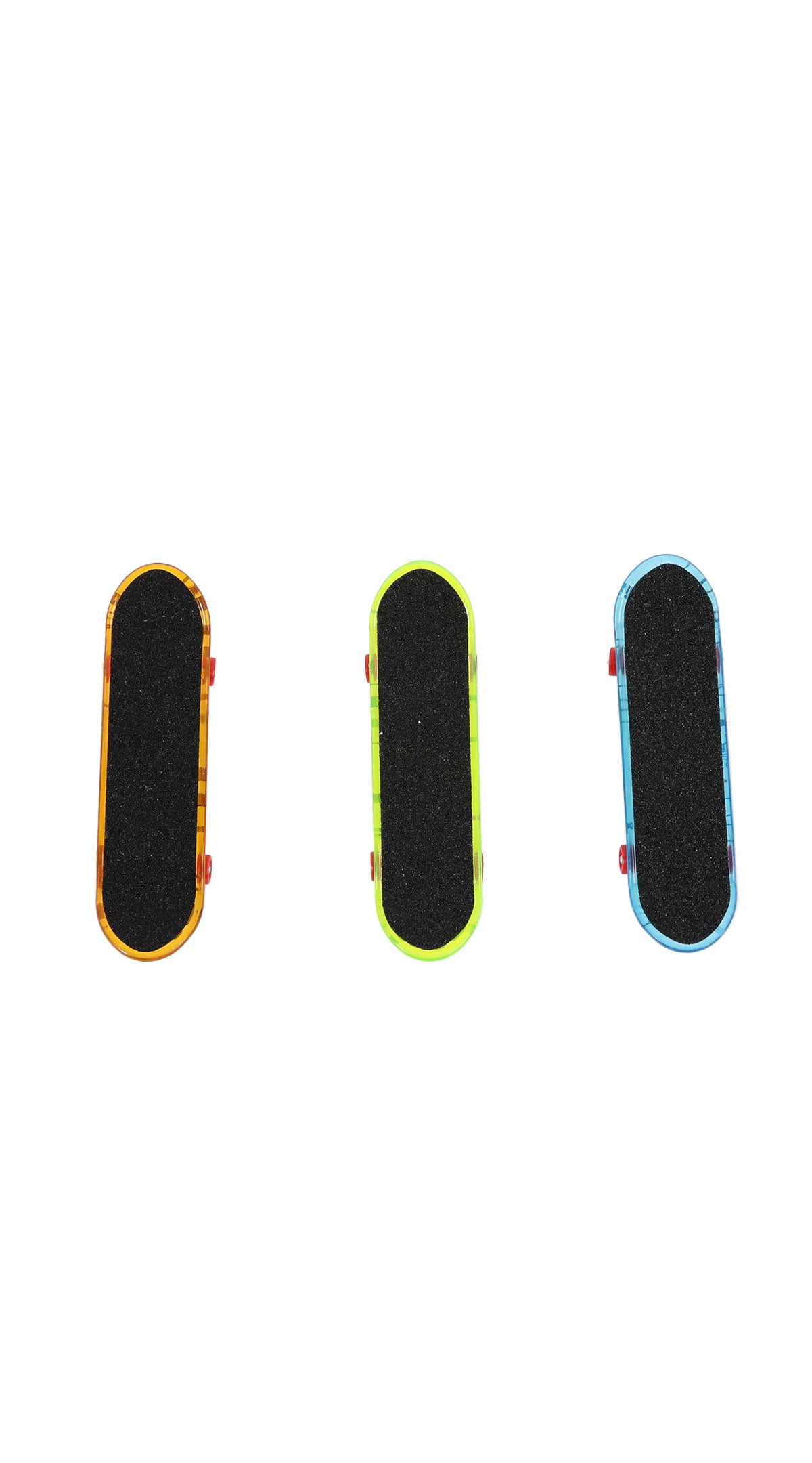 Three finger skateboard decks: yellow, green and blue with rounded black grip tops