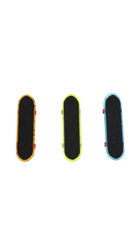Three finger skateboard decks: yellow, green and blue with rounded black grip tops