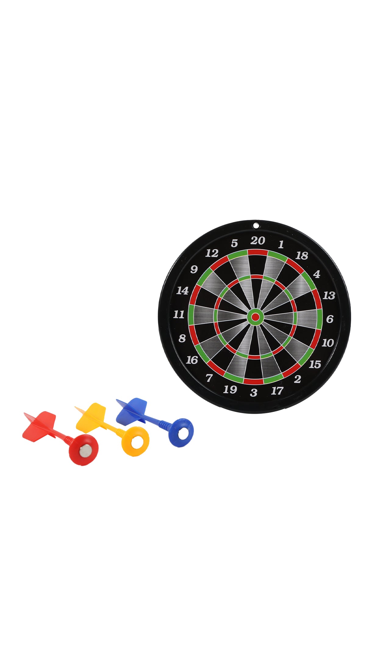 Magnetic dart target board with colored magnetic darts in red, yellow, and blue