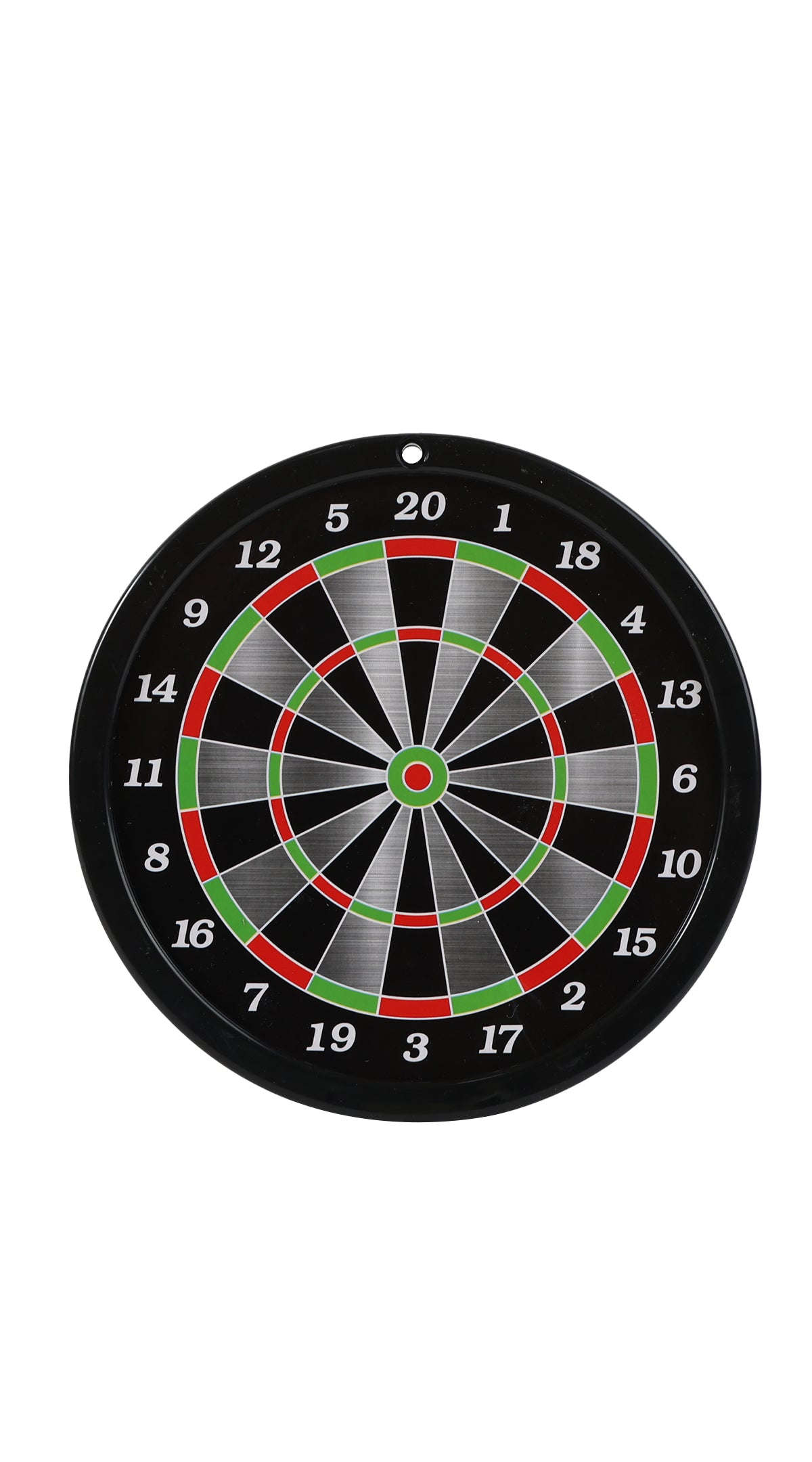 Magnetic dart target board with numbered rings and red, green, and black segments
